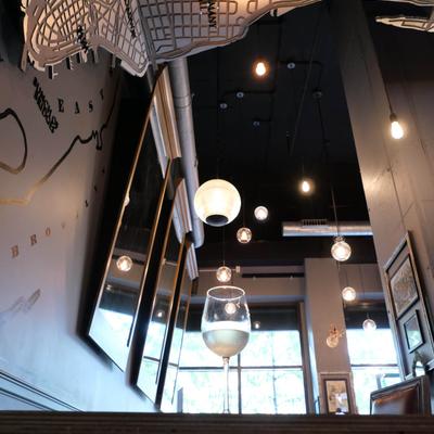 Interior, glass of white wine on table