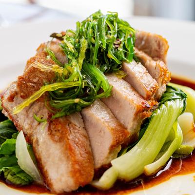 Seared tuna steak with Bok Choy and seaweed salad