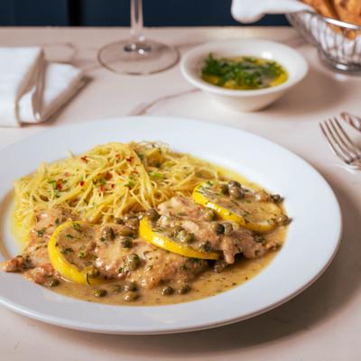 Thin veal cutlets topped with lemon slices and capers in a light sauce, plated with spaghetti.
