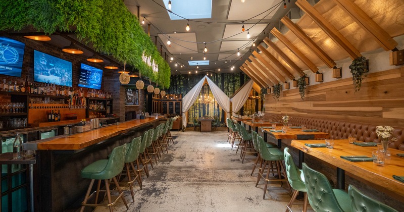 Cozy restaurant interior with wooden decor, green chairs, and hanging plants