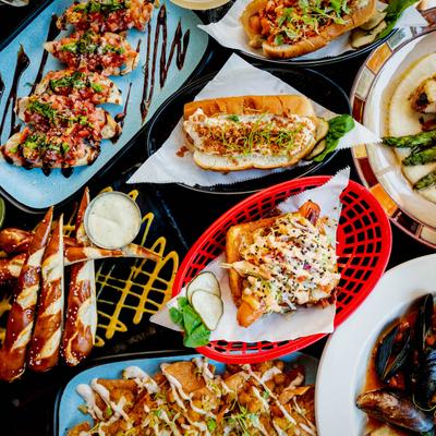 Variety of dishes on a table, overhead view.