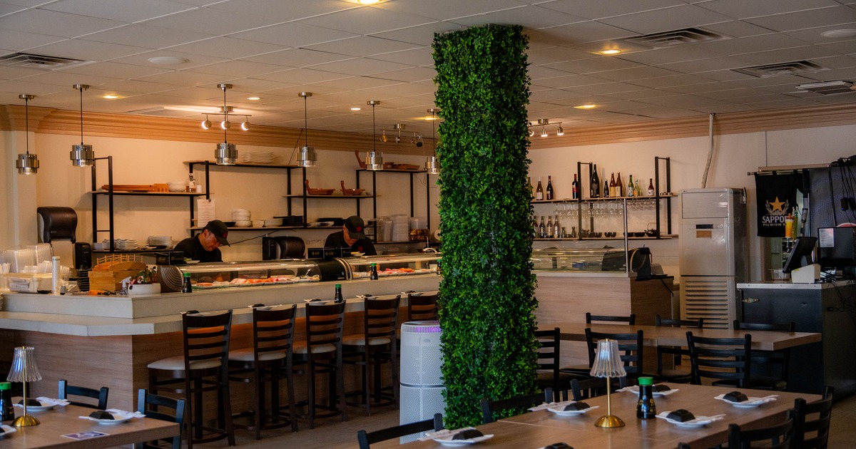 Interior of a sushi restaurant featuring a sushi bar, green plant decor, and neatly set tables