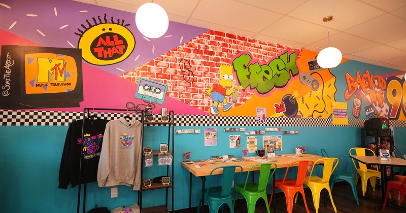 Interior, seating area with the 90s themed wall mural
