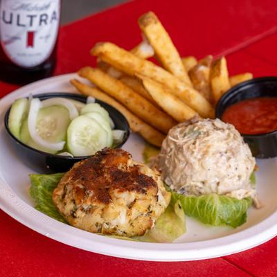 Crab cake and chicken.