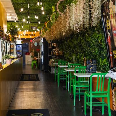 Tables and chairs, interior decorations.