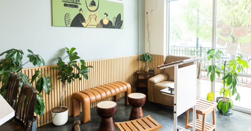 Modern cafe interior with wooden accents