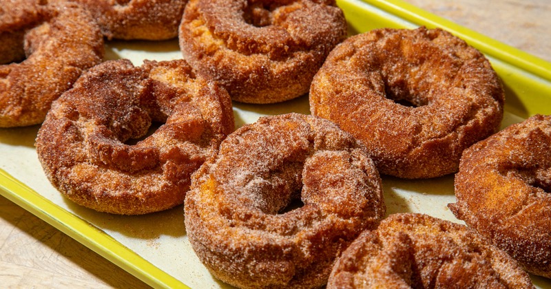 A tray of cinnamon sugar donuts