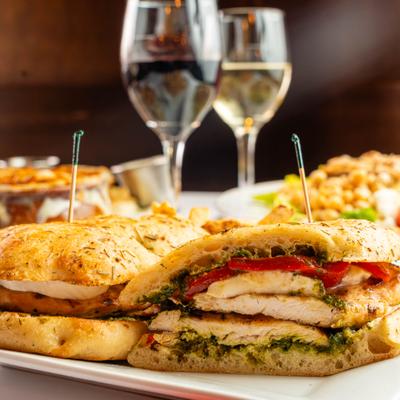 Grilled chicken sandwich with mozzarella, pesto, and roasted red peppers
