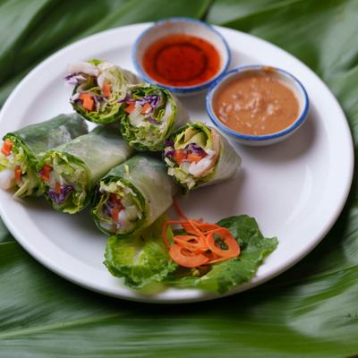 Thai Fresh Shrimp Rolls served with two dipping sauces.