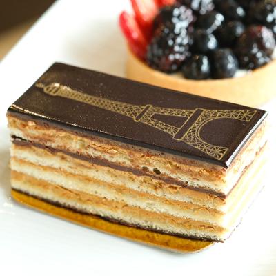 Opera cake decorated with Eiffel Tower edible ink printing.