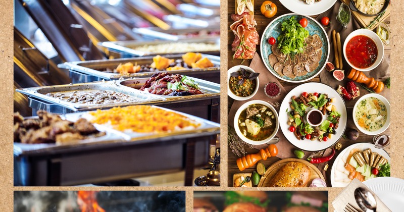 Buffet trays and assorted plated dishes