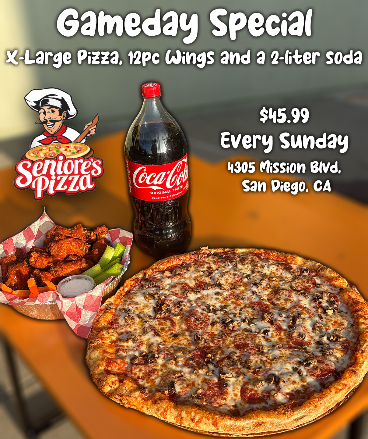 Photo of an XL two toppin pizza, 12 wings with buffalo sauce, 2 liter soda & text regarding our promotion and location
