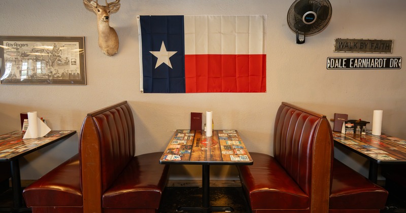 Interior dining area, upholstered dining booth
