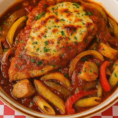 Chicken Cacciatore in a marinara sauce with peppers and onions.