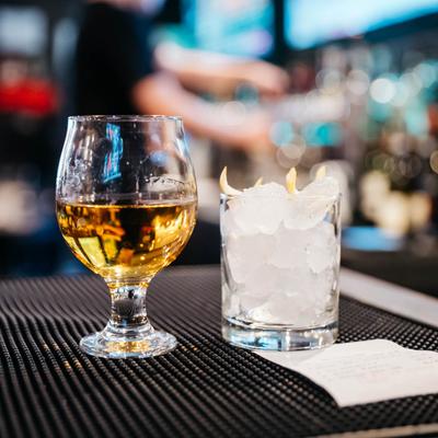 Drinks on bar counter.