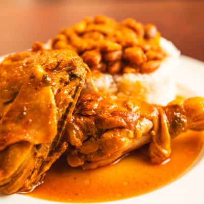 Stewed chicken with rice and beans.