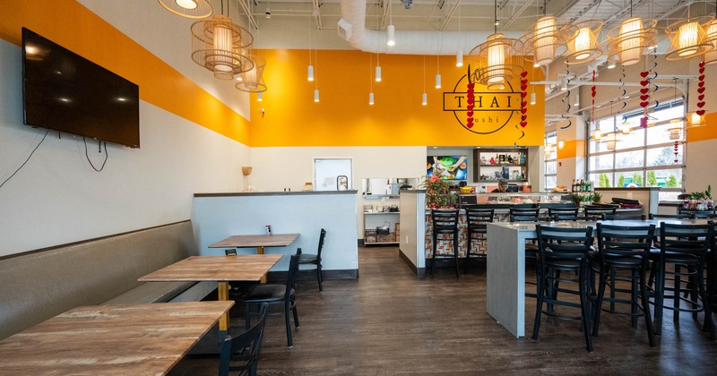 Interior, tables, chairs and high back benches