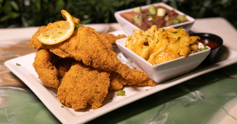 Catfish filets with mac and cheese and beans on the side