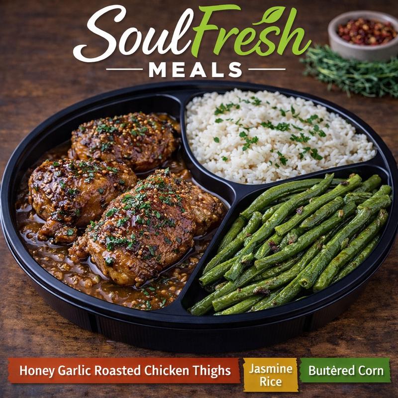 menu item 39 of 43, Honey Garlic Roasted Chicken Thighs | Jasmine Rice | Buttered Corn