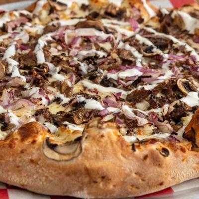 Steak Ranch pizza, close-up.