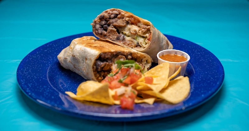 Burrito, with rice, beans, cheese, pico de gallo, and tortilla chips on the side