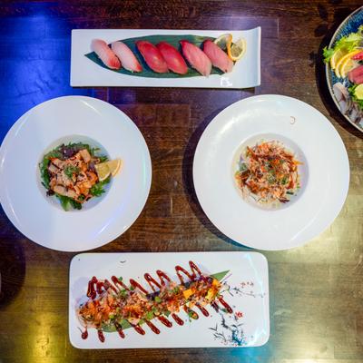 A top view of served meals.