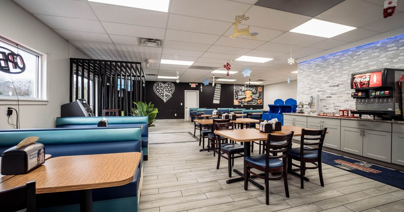 Dining area, soda dispenser on the counter