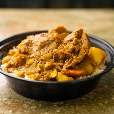 A served curry bowl.