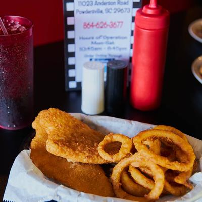 Fried Flounder with Onion Rings.