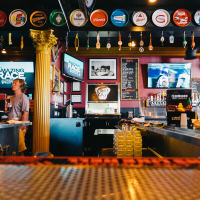 Elbowroom Tap Handle display, with assorted taphandles of past and current beer selections