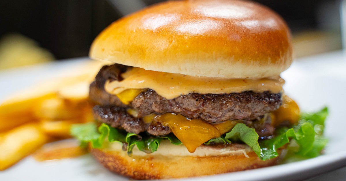 Double smashed burger, closeup