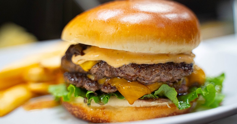 Double smashed burger, closeup
