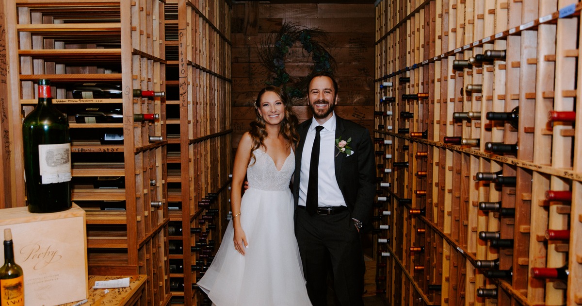 Newlyweds in the wine cellar