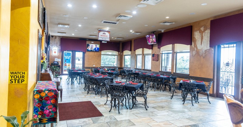 Interior, wide open view of a seating area