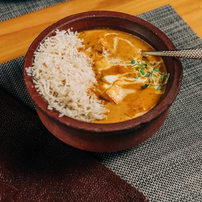 Dish with food on the table.