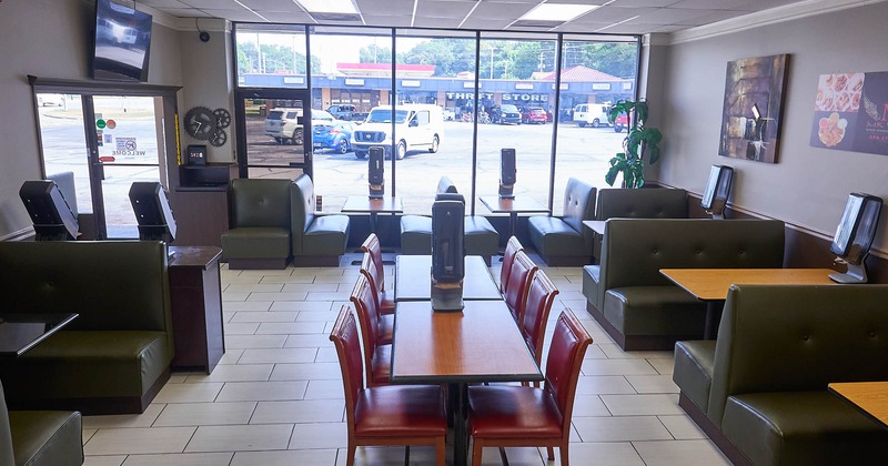 Interior, tables, chairs and booths
