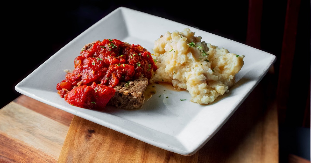Meatloaf, with mashed potatoes and tomato sauce