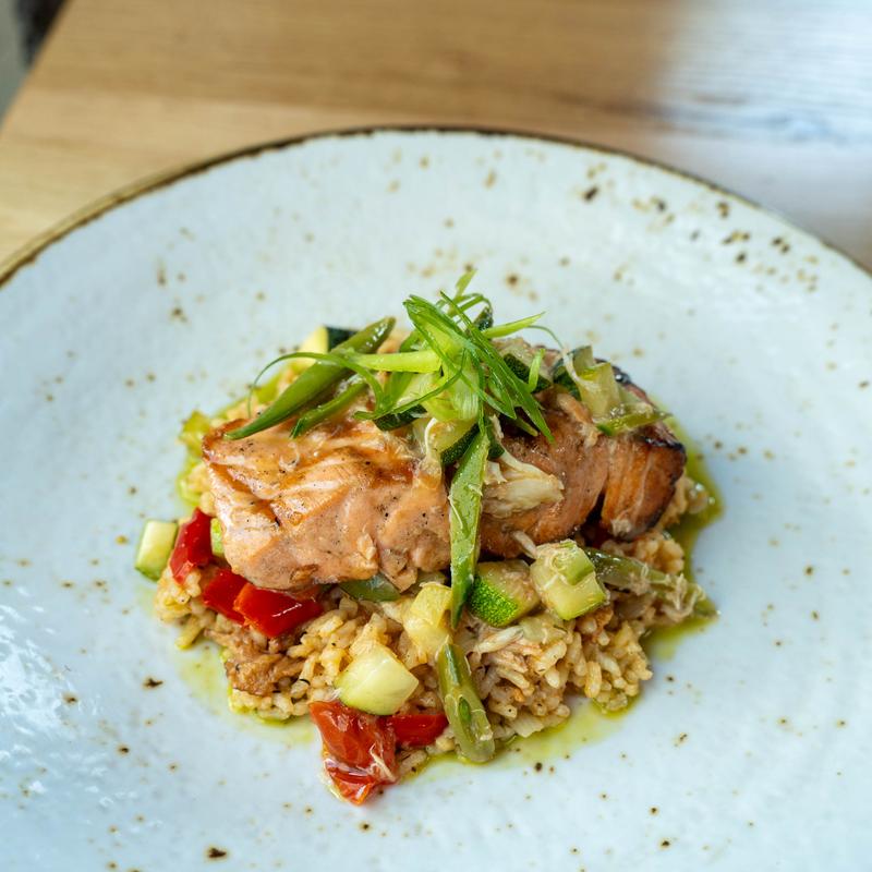 menu item 15 of 45, Ember-Roasted Salmon and Crab Rice