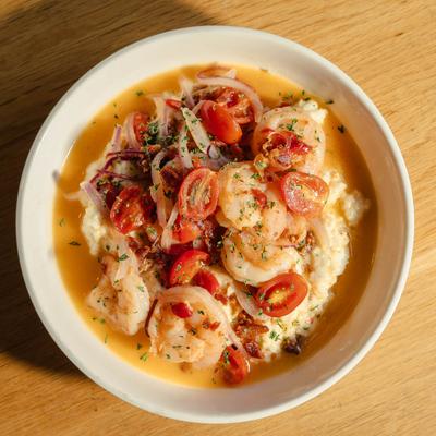 Shrimp and grits, top view.