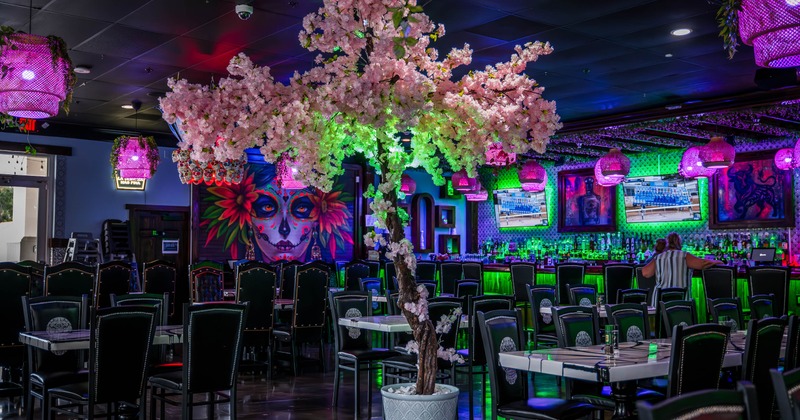 Interior, tables and chairs ready for guests