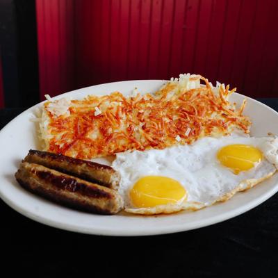 Eggs, hashbrowns and sausages.