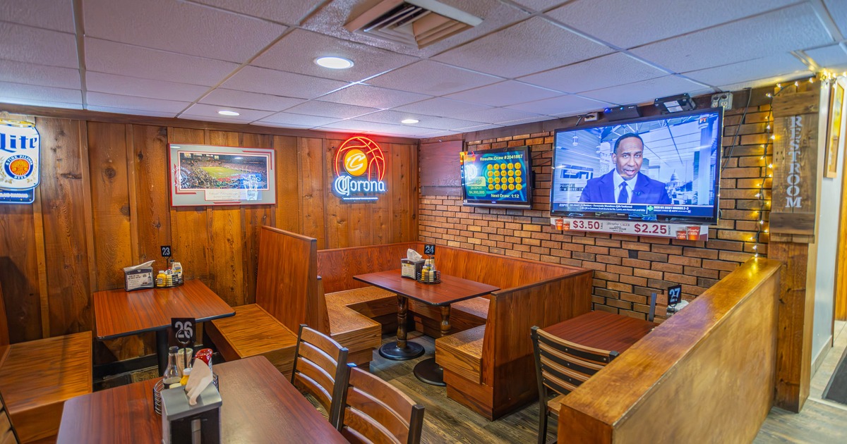 Interior, wooden restaurant booths
