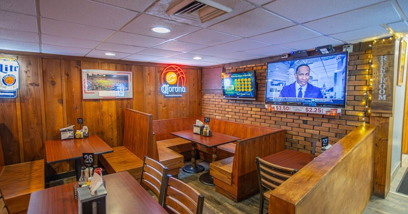 Interior, wooden restaurant booths