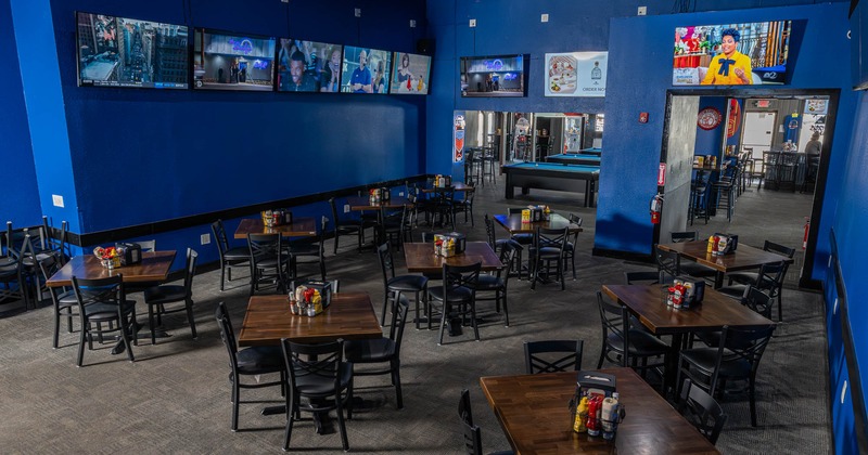Interior, seating area with tables and chairs
