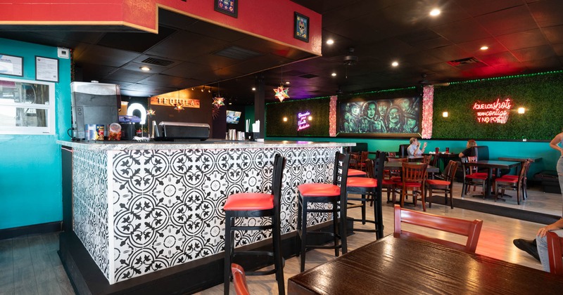 Interior, bar area and bar stools