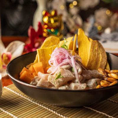 Hamachi Peruvian-style ceviche with crunchy plantain chips.