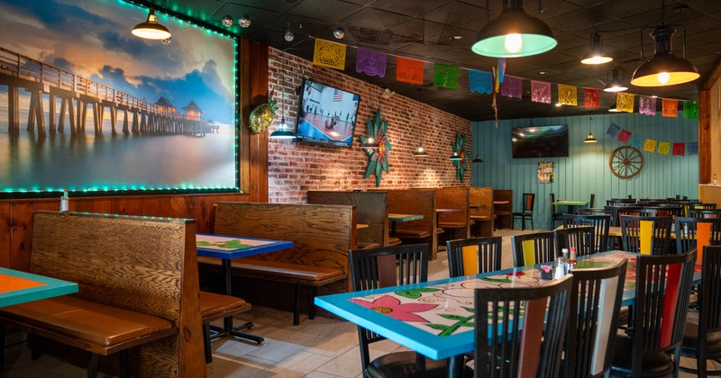 Interior, seating booths lined up