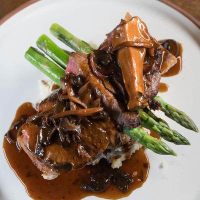 strip steak and mushrooms.