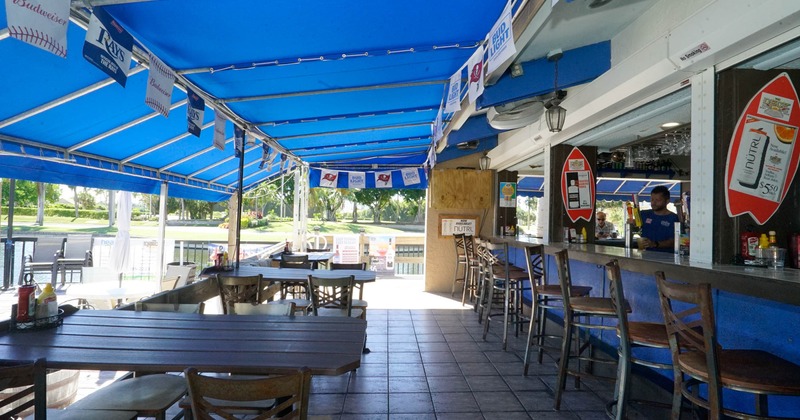Exterior, patio, outdoor bar, baseball and football team flags, Bud Light flags