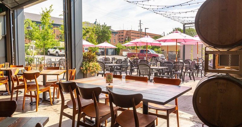 Tables and seating inside, view of the patio